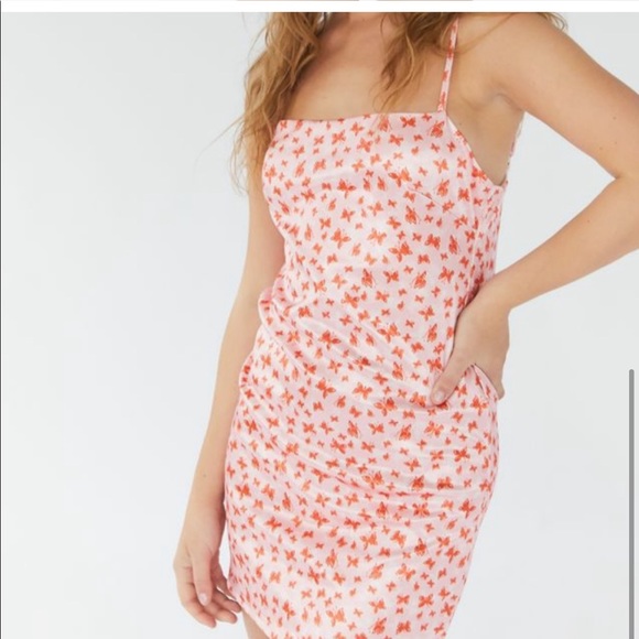 UO Pink Sleeveless Dragon Butterfly Printed Sateen Mini Slip Dress Pink Rose S - Picture 1 of 6